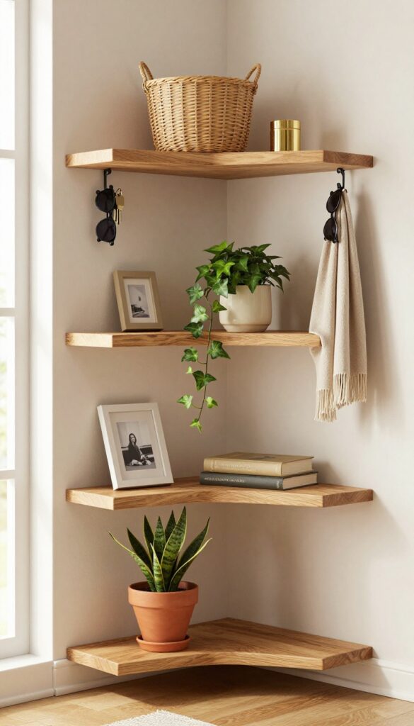 Cozy living room corner with three wooden floating shelves at staggered heights, decorated with plants, framed photos, and small decor items, with hooks underneath for storage.