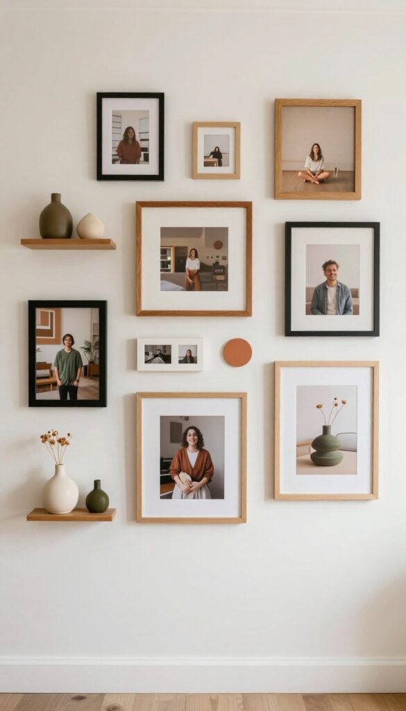 Gallery wall with personal art and photos in a warm modern living room