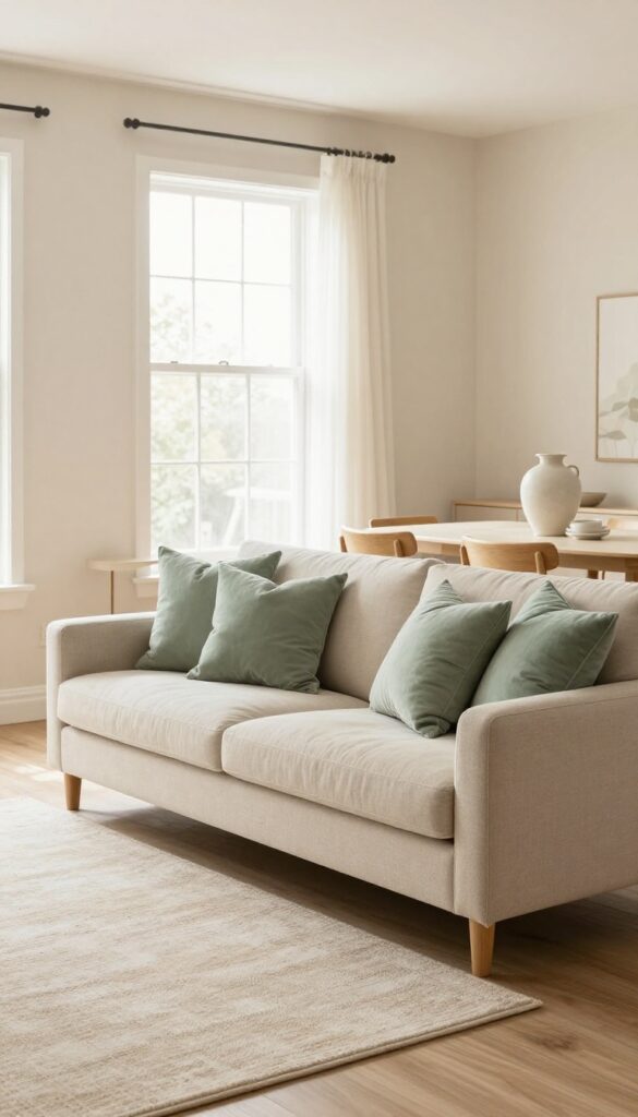 Cozy small living dining room with cohesive beige and sage green color palette, neutral rug spanning both areas, natural light.