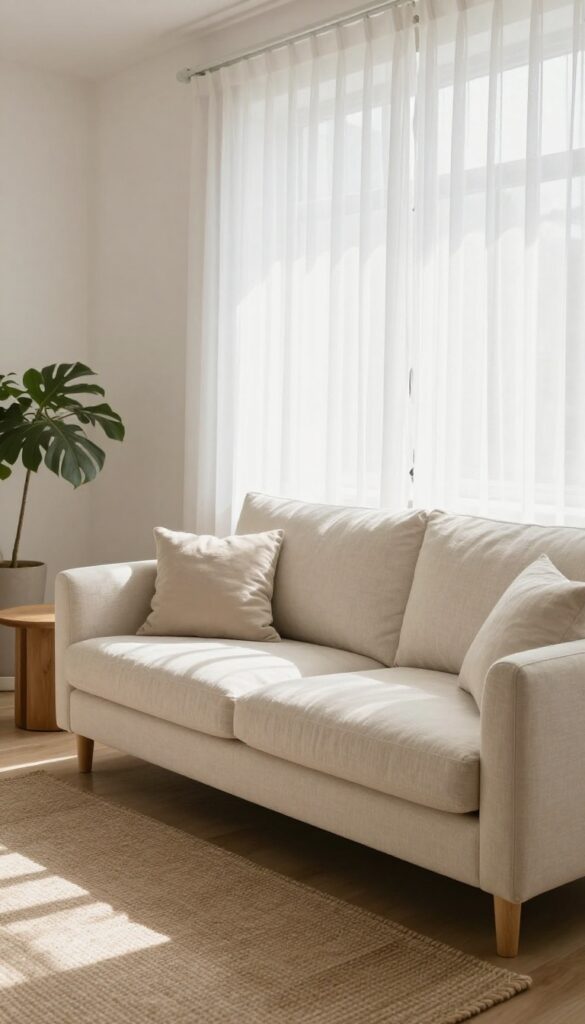 Light and airy living room with a sofa on visible wood legs, jute rug, and sheer curtains