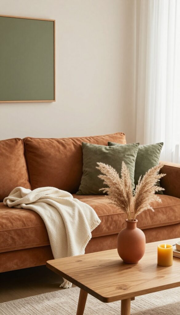 Cozy living room with warm beige sofa, terracotta and olive green accents, and natural light.