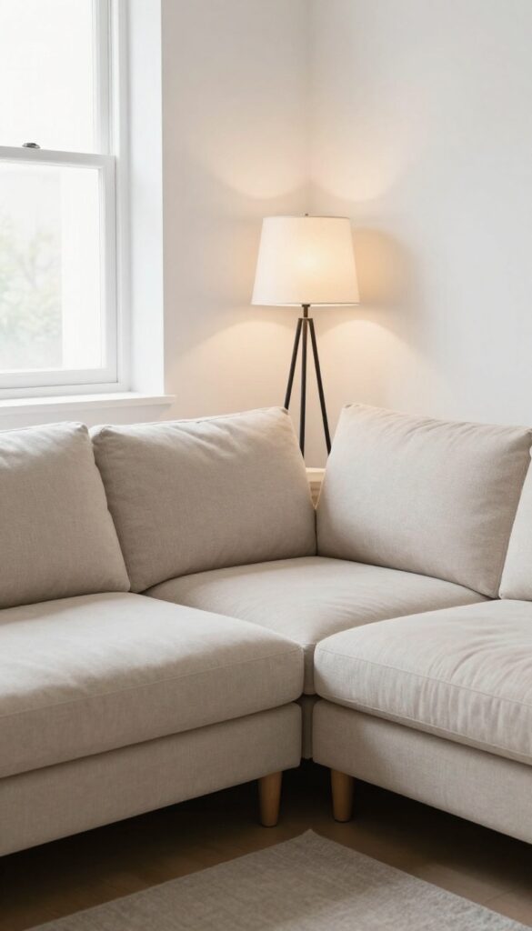 Small living room with two sofas and a floor lamp in the corner