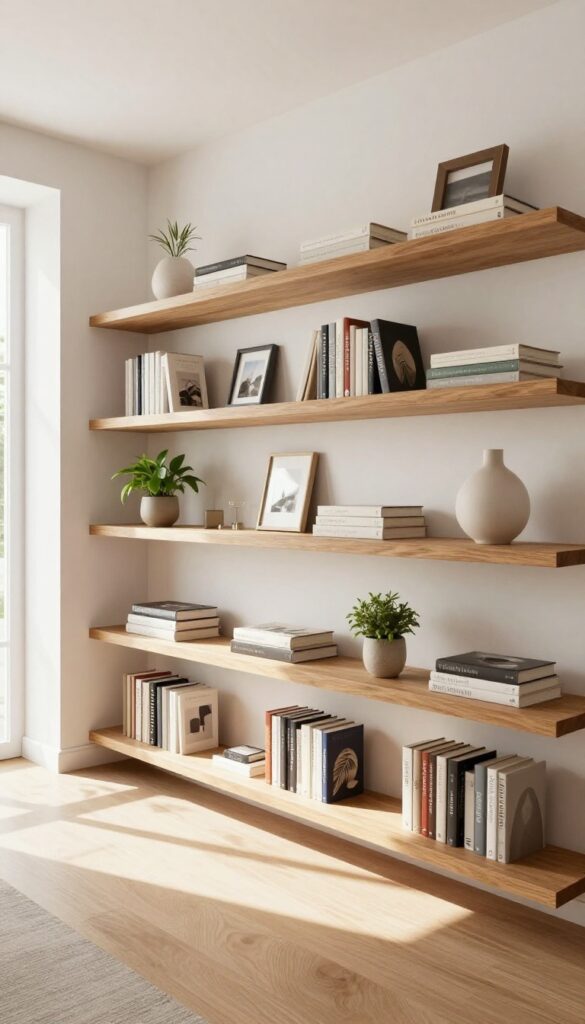 Narrow living room with floating shelves displaying books and decor, keeping the floor open and airy.