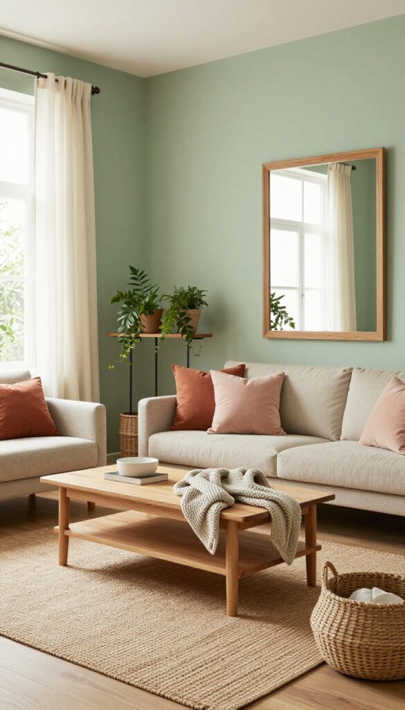 A bright living room with sage green walls, warm wood tones, jute rug, linen curtains, and natural textures in a modern boho style.