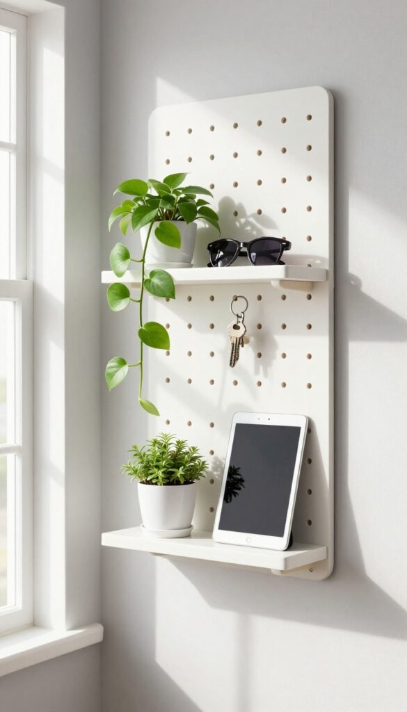 Pegboard wall organization in a tiny living room with keys, plant, and tablet