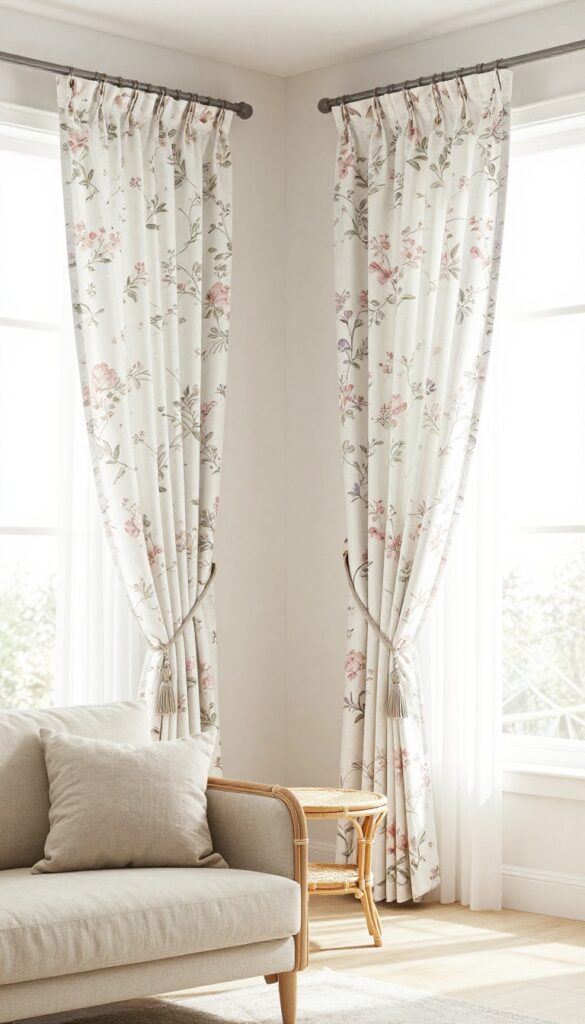 Bright living room with floral print curtains tied back, neutral furniture, and natural light