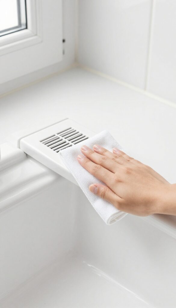 Hand wiping a bathroom baseboard and vent cover with a microfiber cloth in bright natural light
