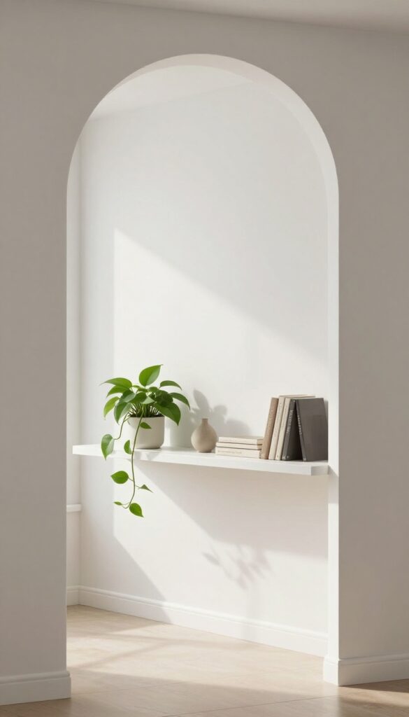 Slim floating shelf inside a living room archway with pothos plant and books