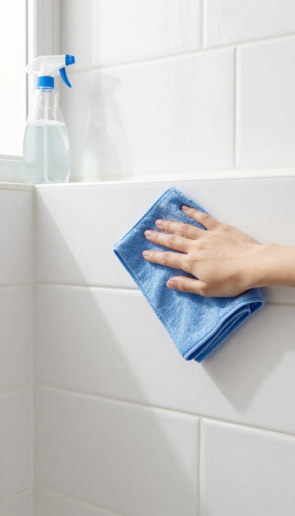 Wiping clean tile shower wall with microfiber cloth and spray bottle of dish soap solution