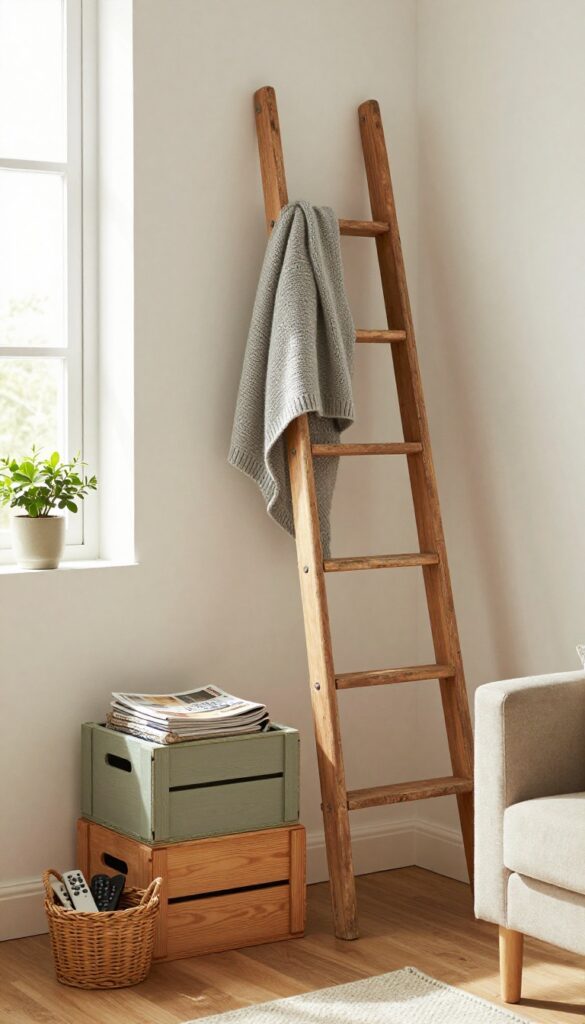 Repurposed wooden ladder and crates used as stylish storage in a cozy, neutral-toned living room.