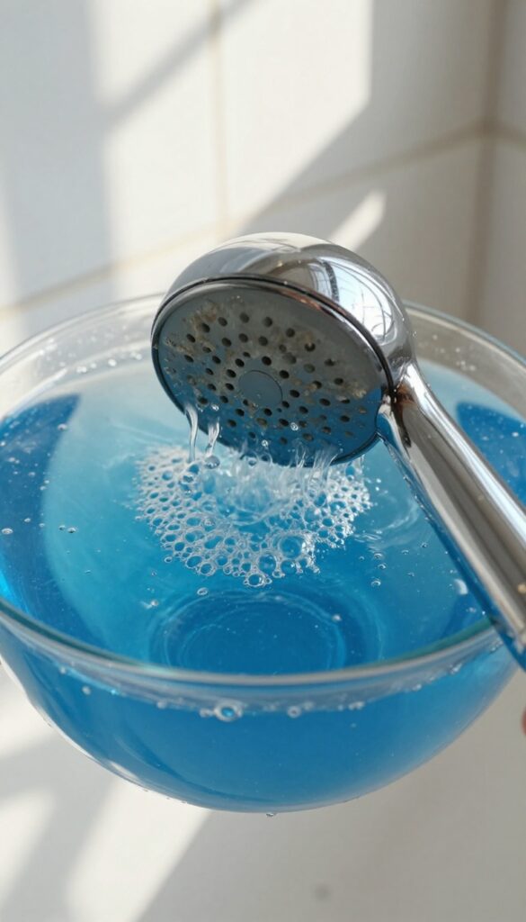 Shower head soaking in blue descaling solution to remove heavy mineral buildup