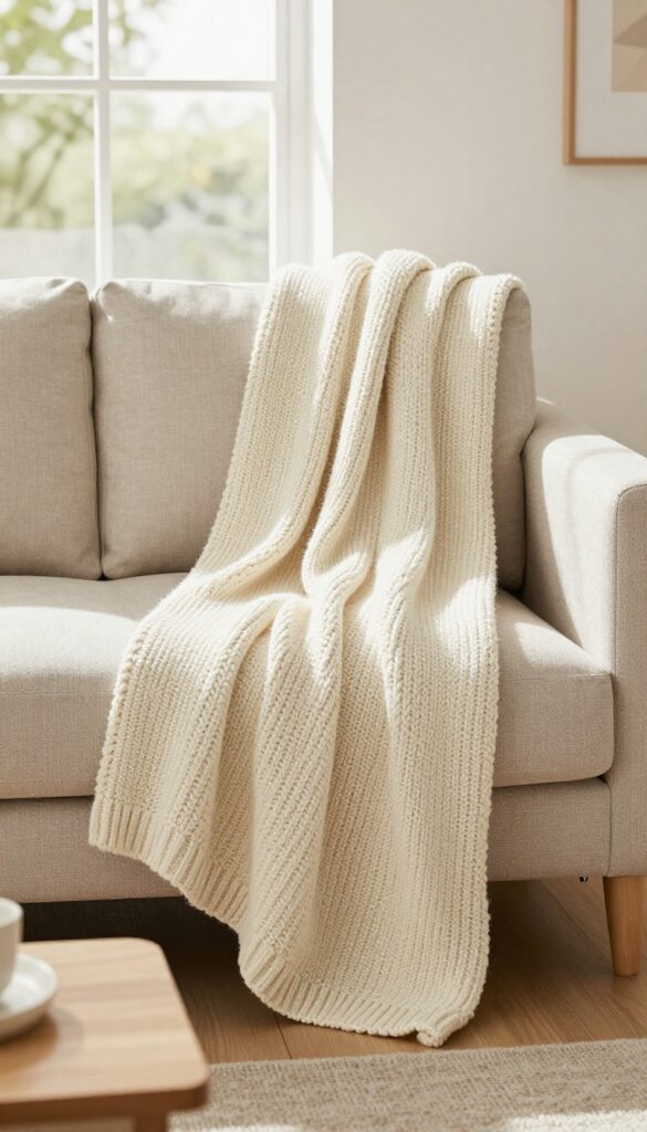 Cream throw blanket draped over corner of neutral sofa in bright living room