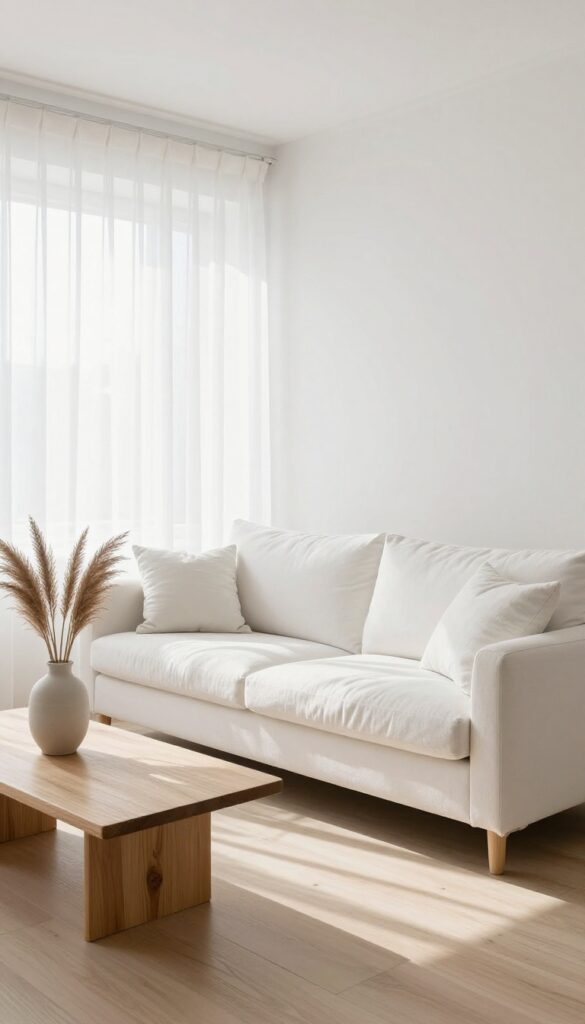 Bright white living room with sheer white curtains and natural light