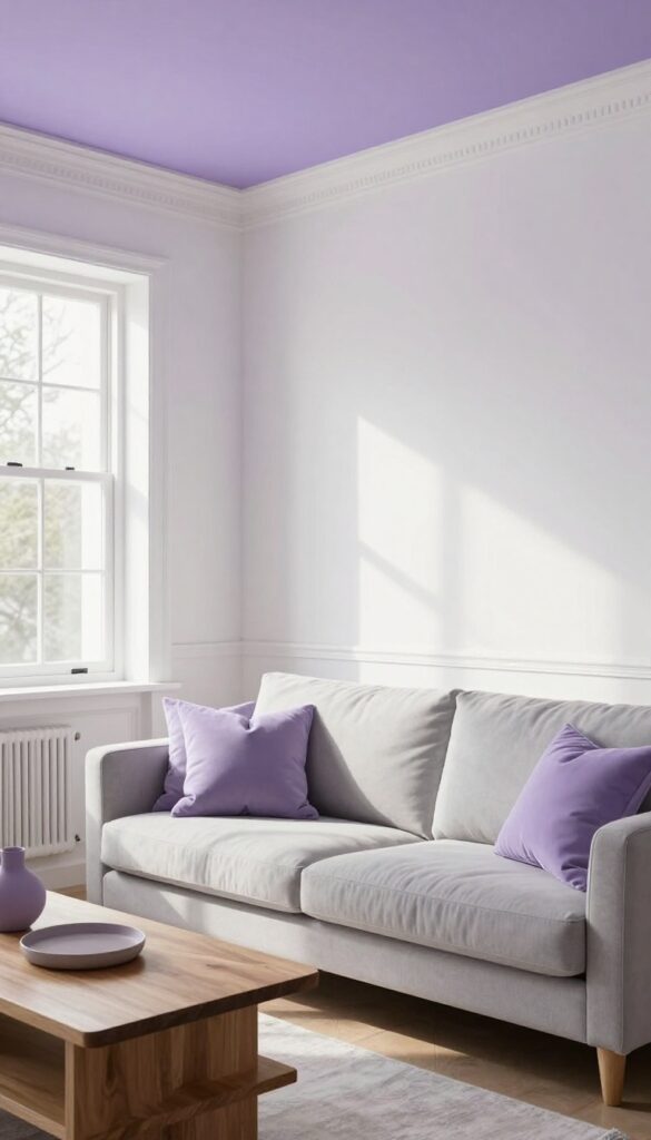 Living room with pale purple ceiling, white walls, warm light, and lavender accents