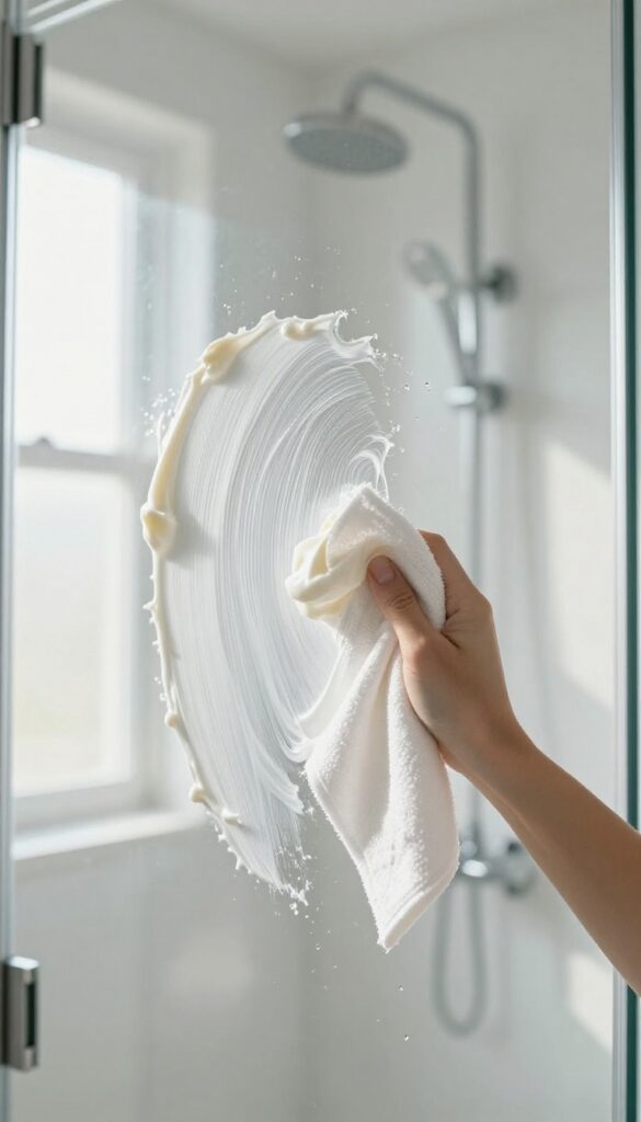Applying cream of tartar and lemon paste to a glass shower door to remove water spots