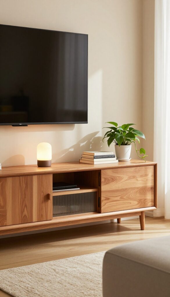 A cozy living room with a wooden media console featuring closed storage, a lamp, books, and a plant on top, TV mounted above, natural light from a window.