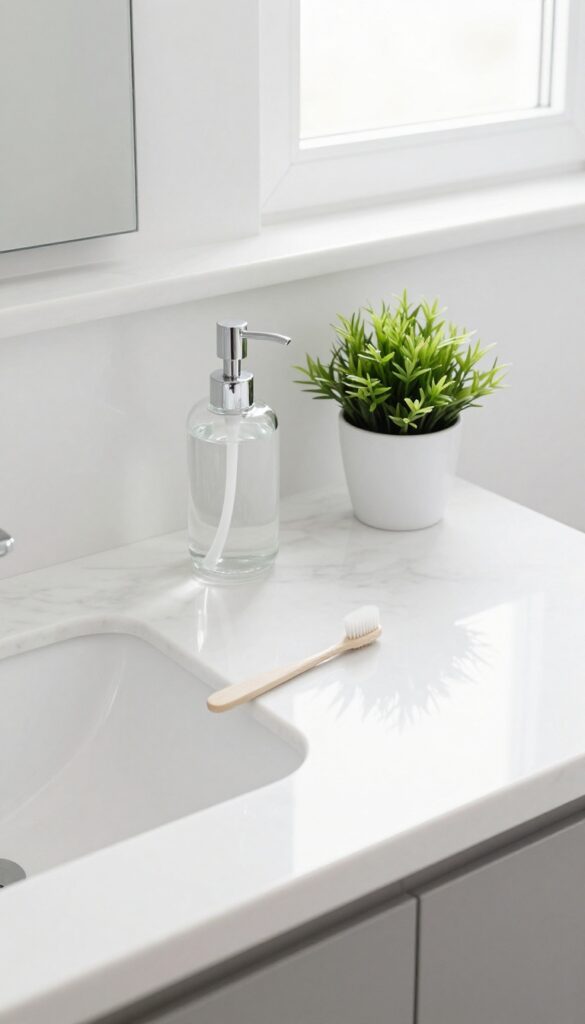 Clean minimalist bathroom counter with soap dispenser, toothbrush holder, and small plant