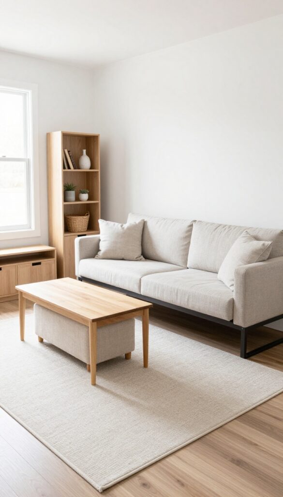 Multipurpose furniture in a small trailer living room, including an ottoman with storage, a sofa bed, nesting tables, and a vertical shelving unit, all in a bright, organized space.