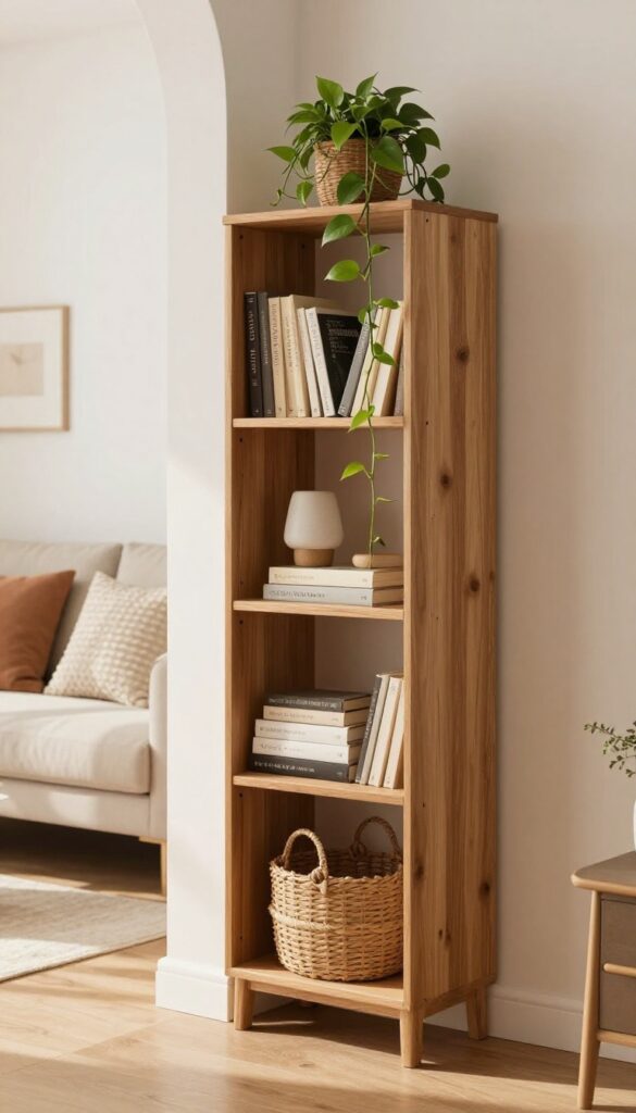 Corner bookshelf room divider in small living room with books, plants, and warm decor