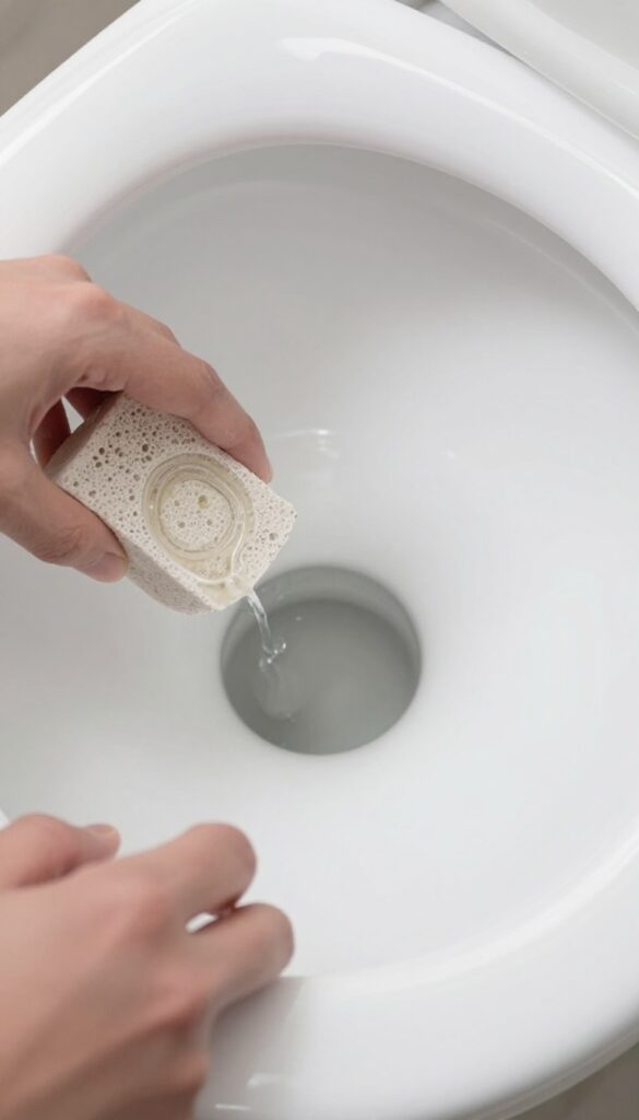 Hand using a wet pumice stone to remove a mineral ring inside a toilet tank