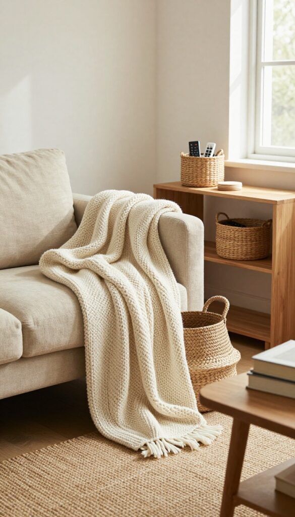 Cozy living room with woven baskets storing blankets and remotes, natural textures, warm neutral decor