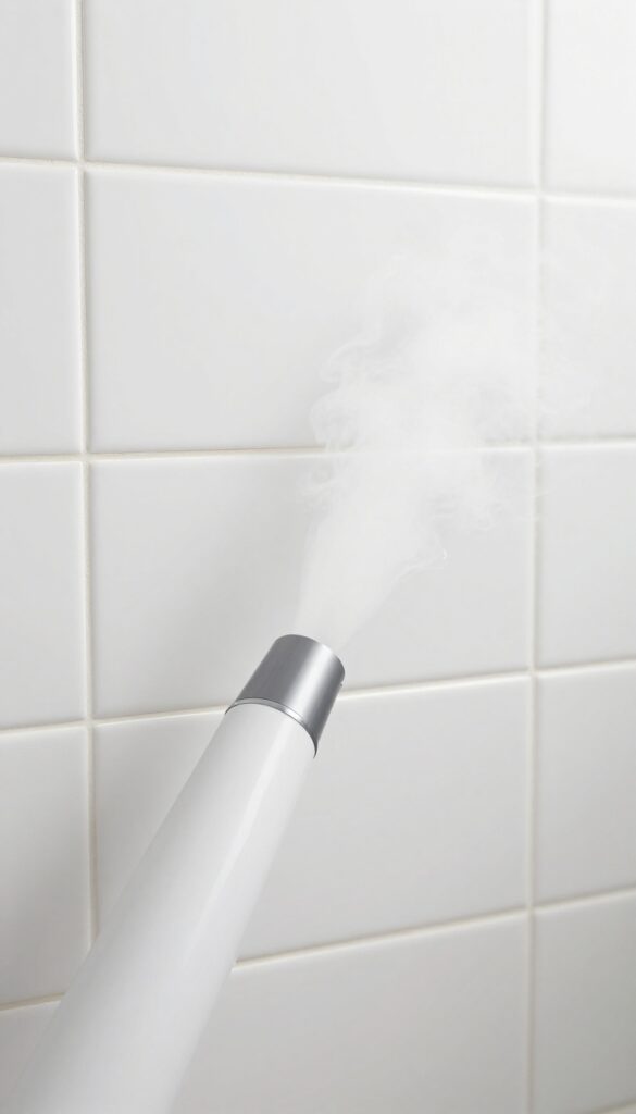 Handheld steam cleaner sanitizing bathroom grout lines with steam vapor
