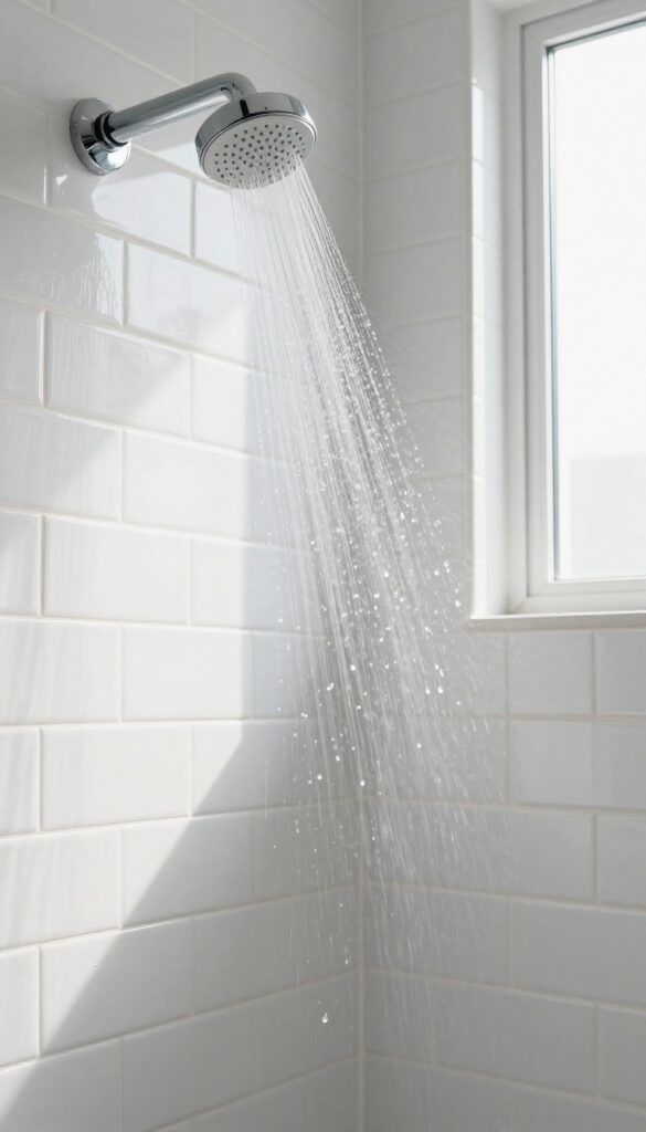 Handheld showerhead rinsing bathroom tiles with hot water, leaving a streak-free shine