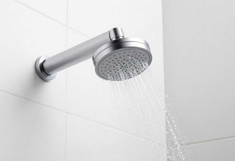 Clean shower head with water droplets in a bright bathroom