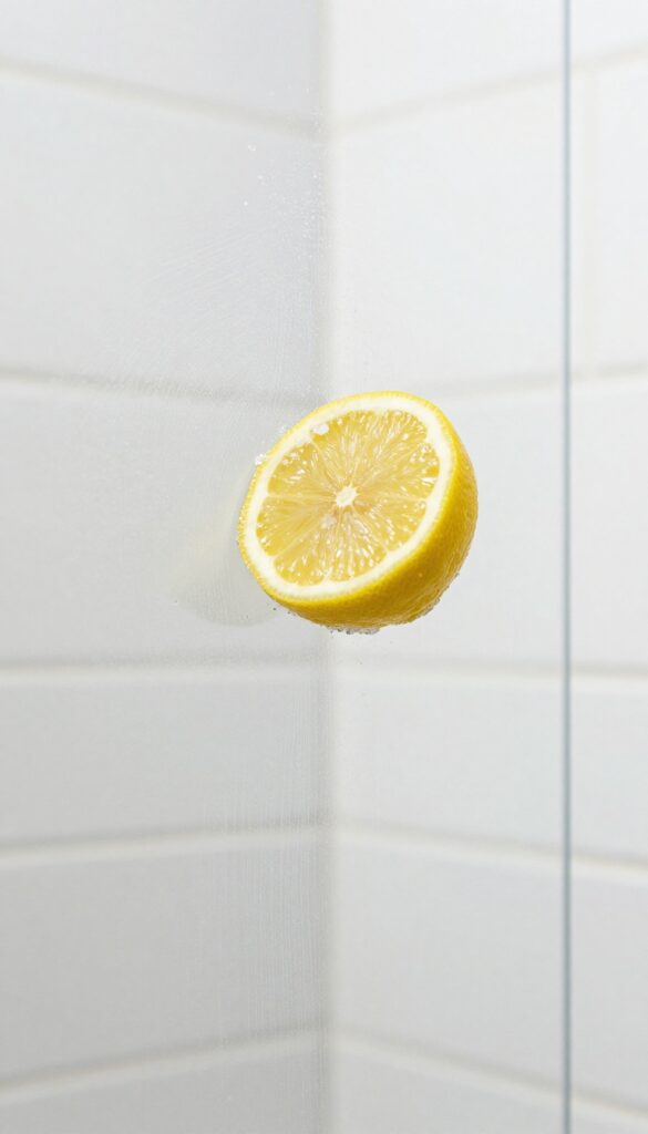 Close-up of a lemon half dipped in salt being used to scrub soap scum off a glass shower door.