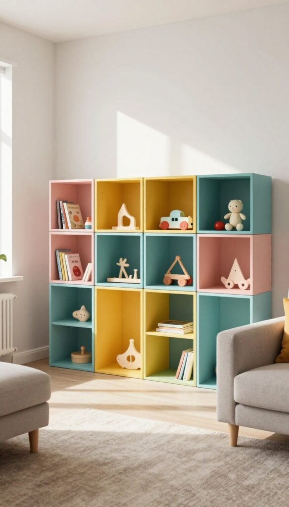 Wall-mounted Eket cube storage with colorful inserts and toy display in a bright, modern living room