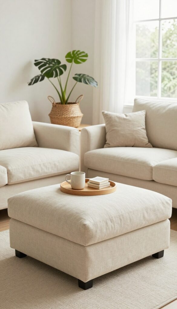 Small living room with a light beige storage ottoman used as a coffee table, topped with a tray, books, and a mug, in natural light.