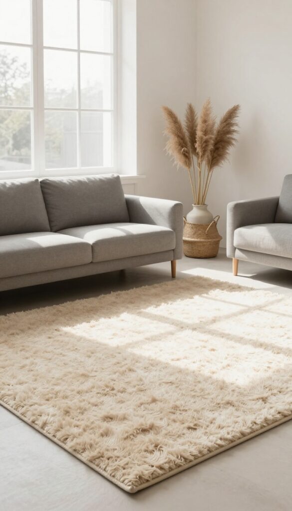 Modern living room with plush area rug adding warmth and texture, soft natural light, cozy atmosphere