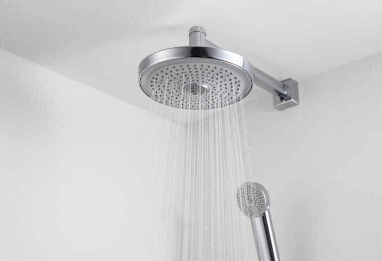 Clean shower head with water droplets on a white background
