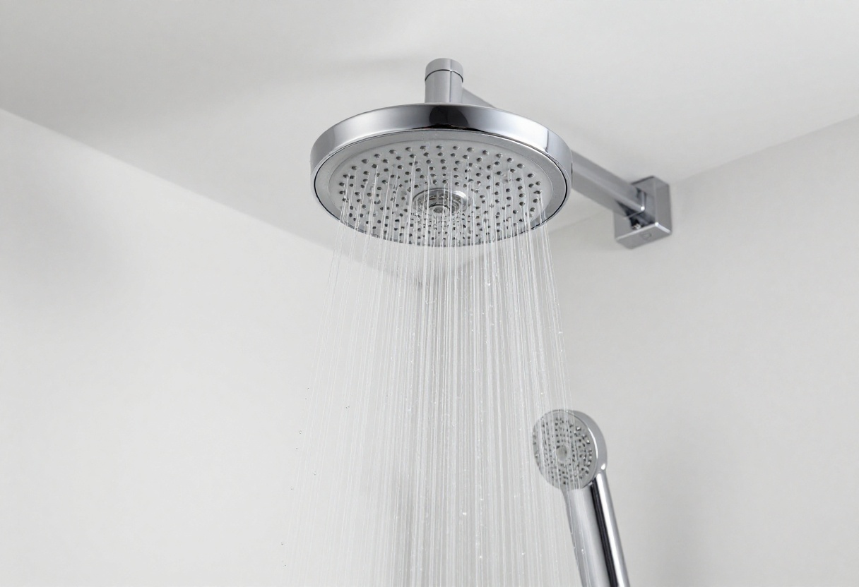 Clean shower head with water droplets on a white background