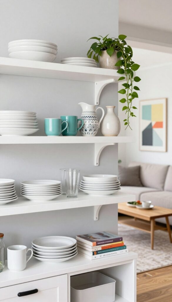 Open shelving on kitchen wall with dishes and decor, connecting to living room in small open-concept space