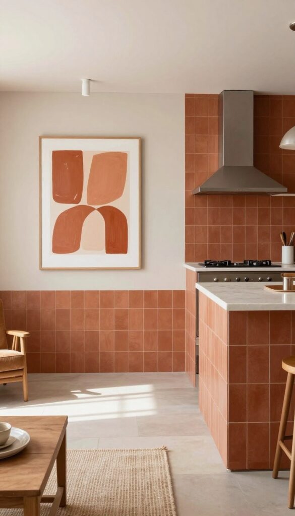 Open-plan living room and kitchen with coordinated artwork featuring terracotta tones, creating a cohesive small-space design.