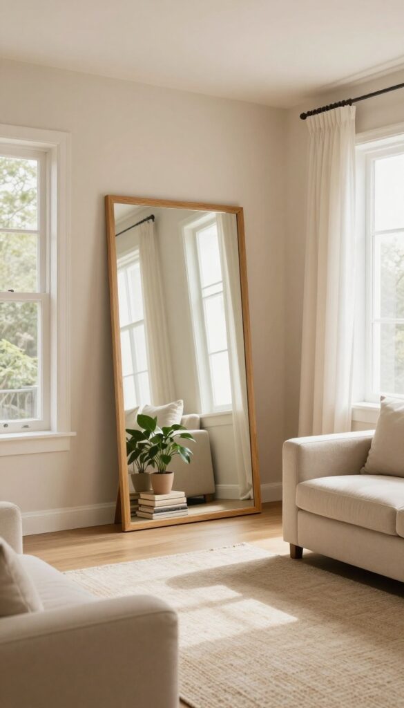 Beige living room with a large floor mirror leaning against the wall, reflecting light from a window, with a plant and books at its base.