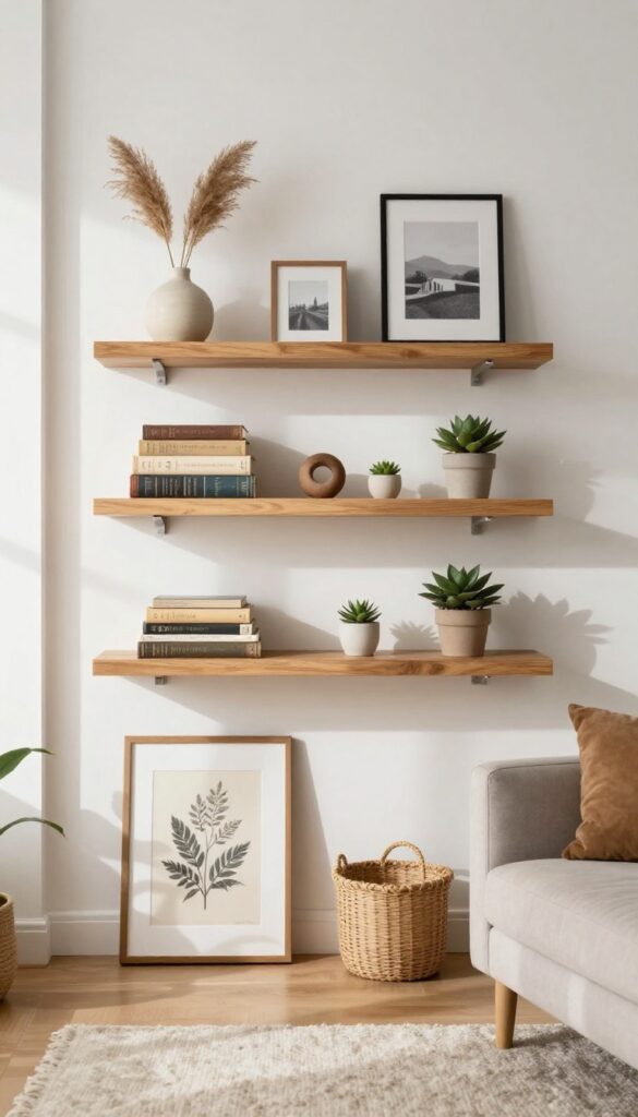Floating shelves with rotating displays in a bright living room, featuring framed art, books, and decor objects.
