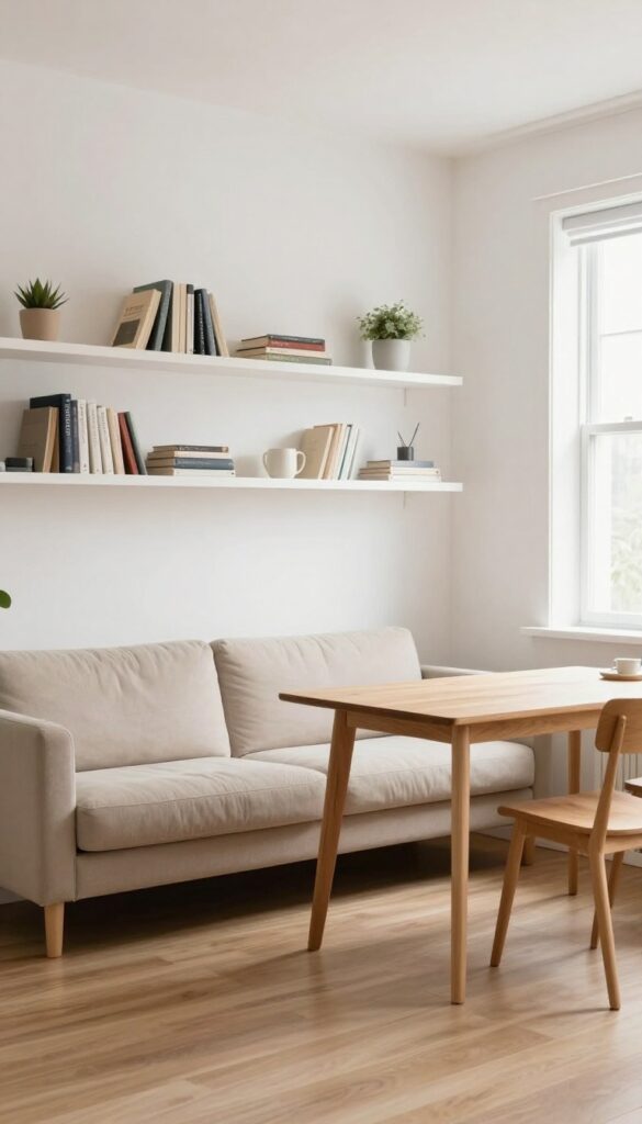Floating shelves in a small living-dining room with books and decor
