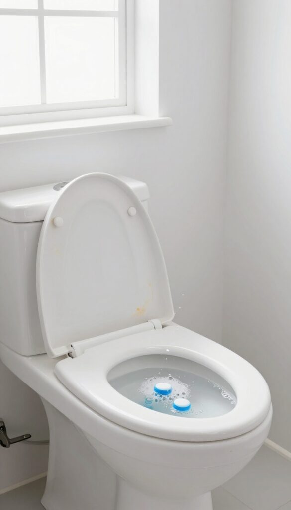 Two denture tablets fizzing in a toilet bowl to clean stains