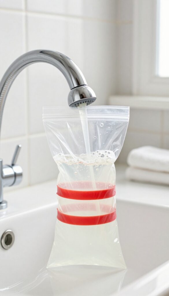 Shower head soaking in a bag of white vinegar on a bathroom counter