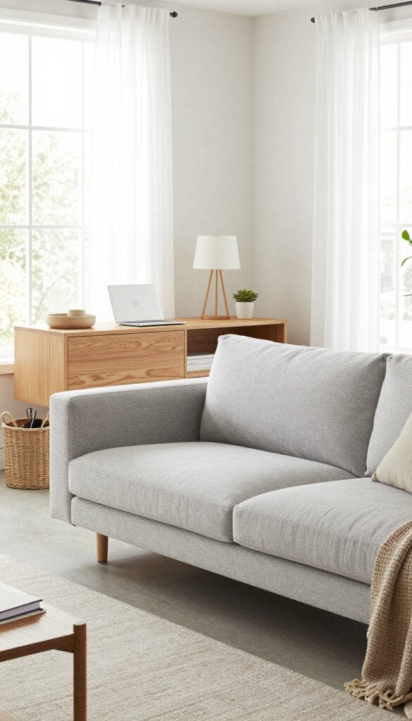 Low console desk behind a sectional sofa in a bright living room with laptop, lamp, plant, and baskets.