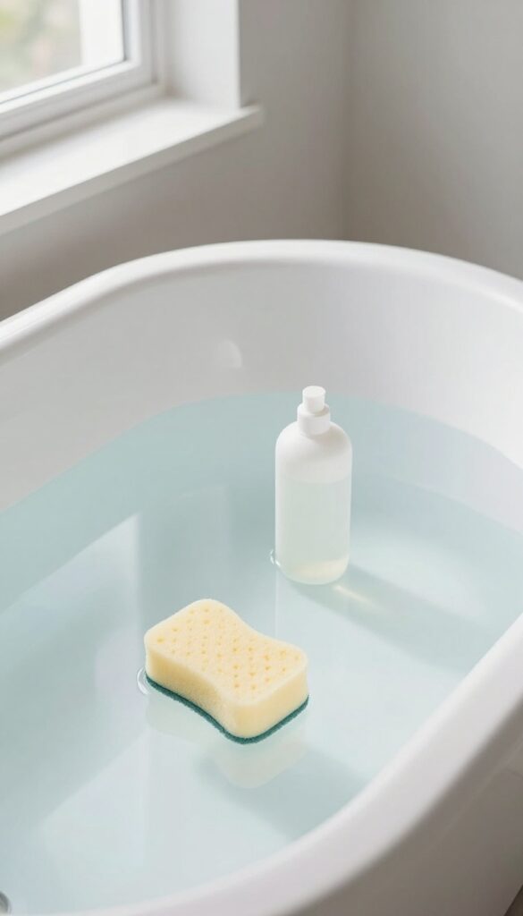 White bathtub filled with hot water and vinegar for soaking, with a sponge and vinegar bottle on the side, bright natural light.