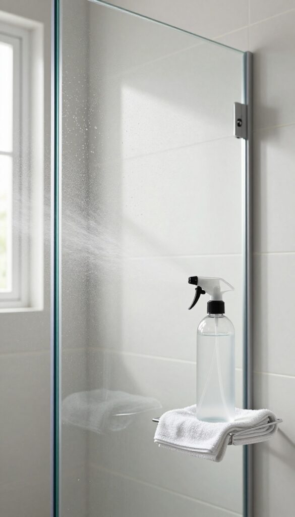 Daily shower spray bottle on a bathroom caddy next to a clean glass shower door
