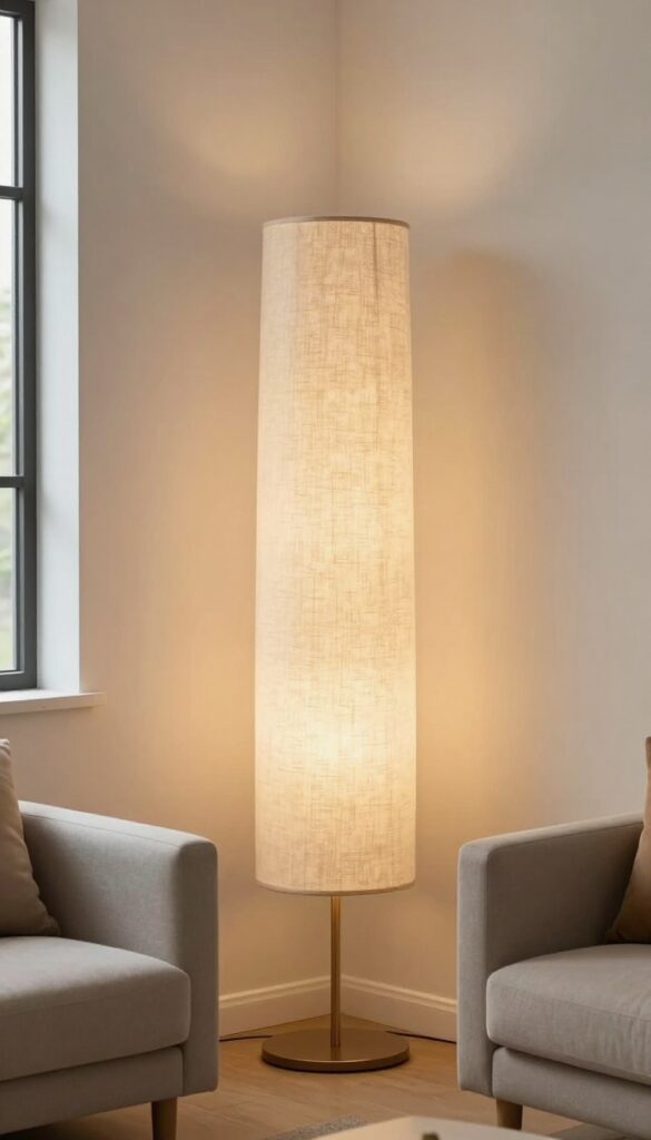 Mirror placed behind a floor lamp in a small living room, reflecting light to brighten the space
