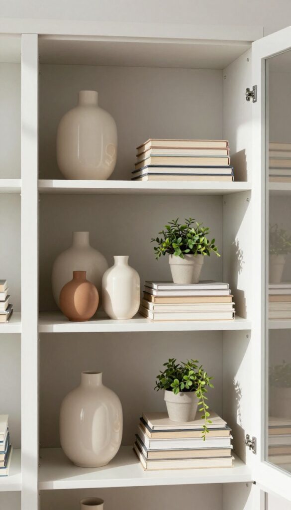Close-up of an IKEA Besta shelf with a dark charcoal back panel, displaying ceramics, books, and a plant in natural light.