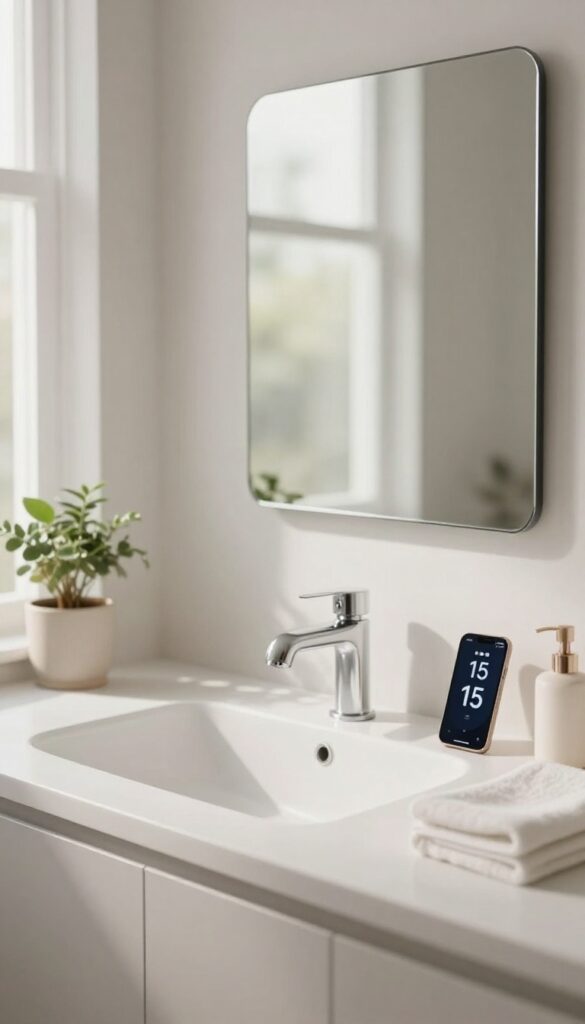 Bathroom sink with smartphone showing a timer, fresh towels, and natural light