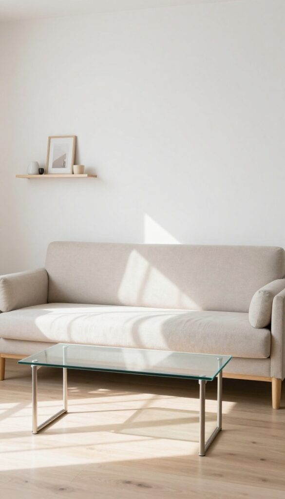 Low-profile white sofa with exposed legs and glass coffee table in a bright living room