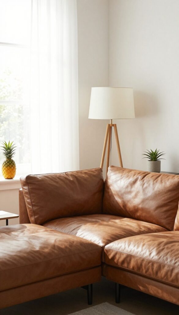 Modern living room with leather sofa and tripod floor lamp casting warm light