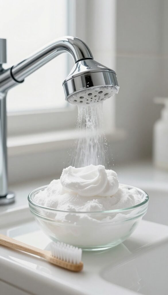 Close-up of a shower head with mineral buildup and a bowl of baking soda paste, toothbrush nearby, bright natural light.